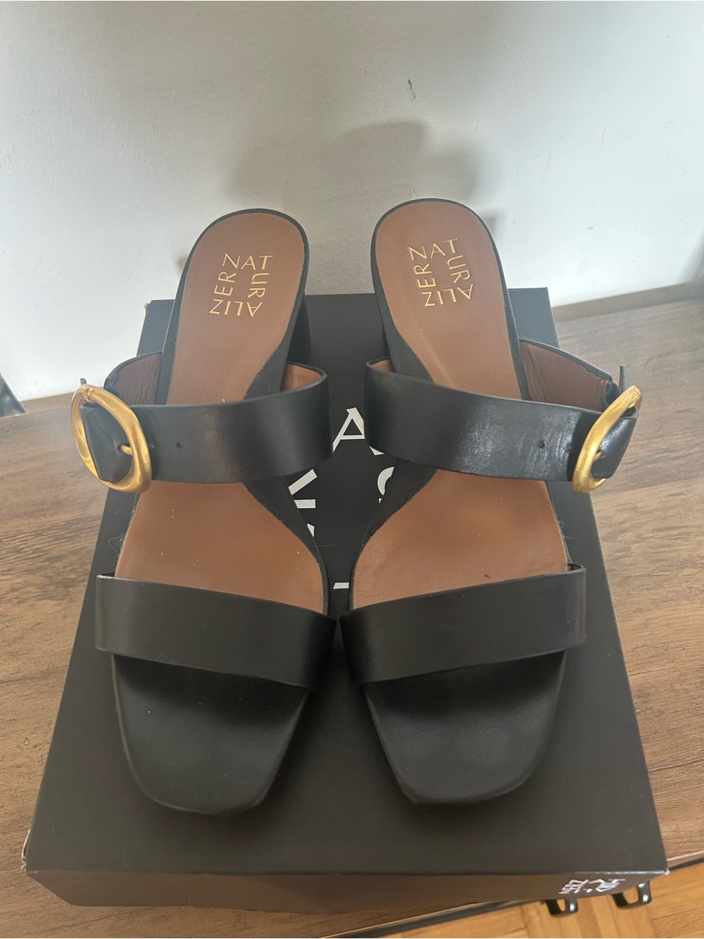 Naturalizer Black Leather Slide Mules with Gold Buckle